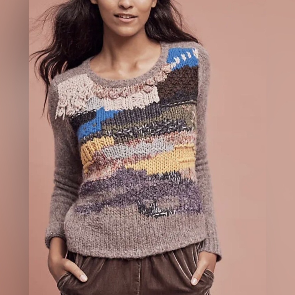 Hand Knit By Dollie Anthropologie S Fringed Collage Wool Crew Sweater NWT | XS